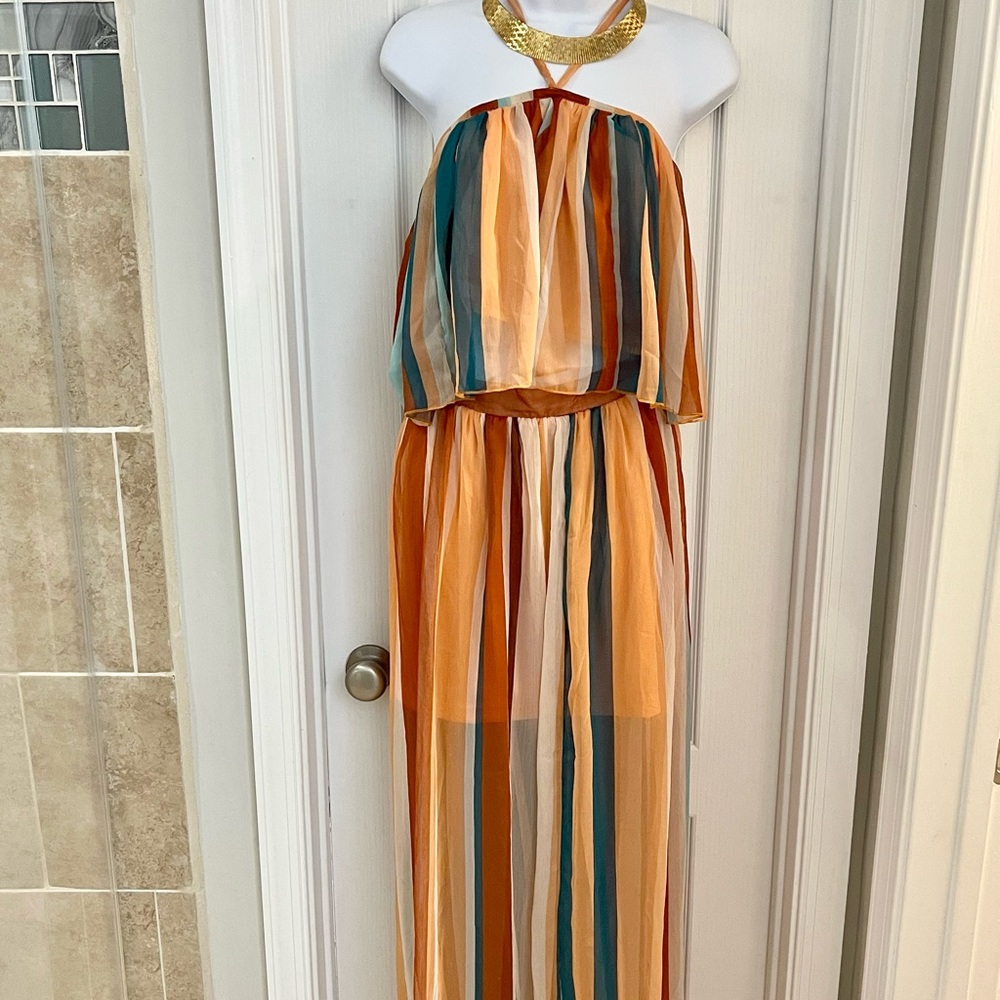 Boho Chiffon Crop Top and Maxi Skirt Set (Striped)